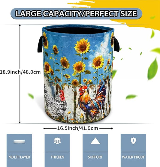 Chicken Laundry Basket Sunflower Foldable Waterproof Oxford Cloth Funny Tote Bag Laundry Hamper Clothes Storage Bucket Toy Organizer For Bathroom/Laundry Storage/Bedroom 18.9x16.5 Inch