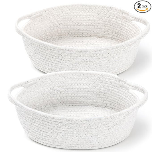 2 Pack Small Woven Basket with Gift Bags and Ribbons, Empty Decorative Gift Chest Box, Cute Baby Gift Basket for Nursery, Cotton Rope Room Shelf Storage Basket with Handles, All 12"x 8"x 5",White