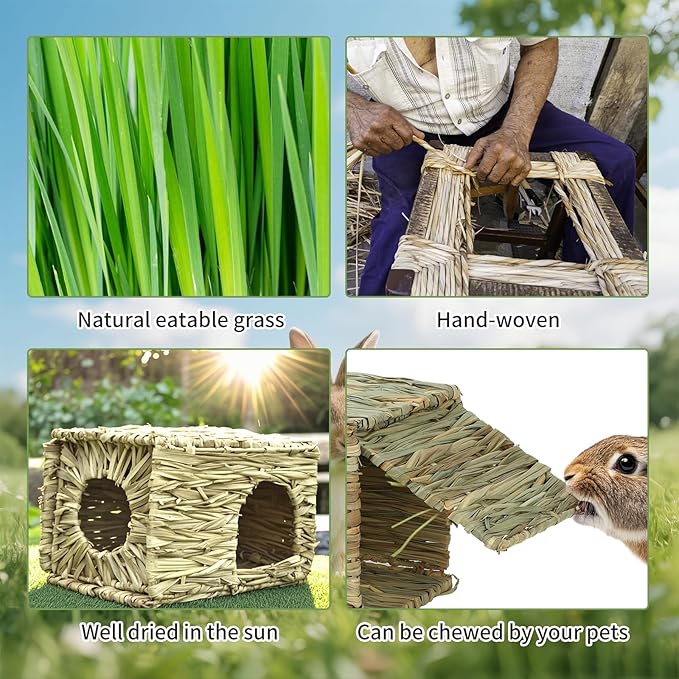BWOGUE Large Bunny Grass House Natural Seagrass Bed Hideaway Toy Rabbit Hideout Hay Mat Chew Toys Guinea Pig Comfortable Hut for Bunny Hamster Chinchilla Small Animals