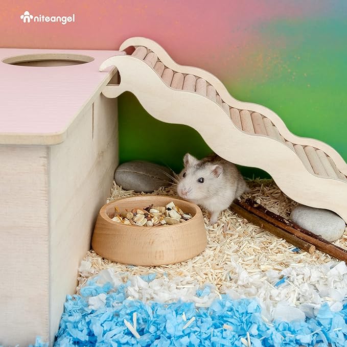 Niteangel Wooden Hamster Feeding Bowl - Small Animal Food Dish for Dwarf Syrian Hamsters Gerbils Mice Degus or Other Similar-Sized Small Pets (Hammy Pattern, for Dwarf)