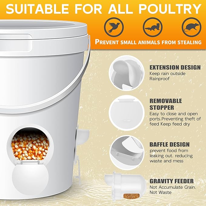 Chicken Feeder Port 8 Pack - No Waste DIY Poultry Feeding Kit with Stopper Lid & Hole Saw, Reusable Rain Proof Automatic Coop Gravity Feeder for Hens Ducks Geese (White)