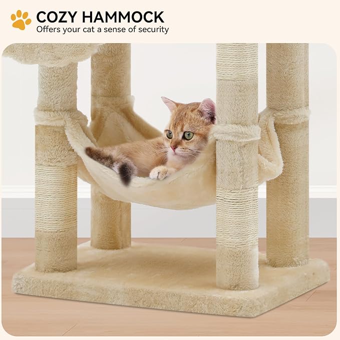 YITAHOME 44in Multi-Level Cat Tree for Indoor Kittens, Cat Furniture with Scratch Posts, Window Padded Plush Perch, Comfortable Hammock, and Interactive Pompoms, Beige