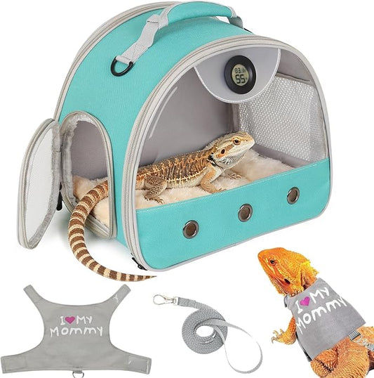 Bearded Dragon Travel Backpack Carrier with Reptile Thermometer and Humidity Gauge Lizard Travel Cage Space Capsule Clear Bubble Window Astronaut Reptile Bag for Ball Python (Green, Carrier+I LSH)