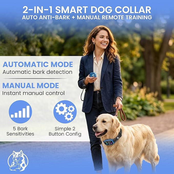 Beep & 2X VIBRATION Smart Dog Bark Collar| 2-in-1 Auto Anti-Bark & Training E-Collar with Remote| 20lbs+| Resizes for Small Medium & Large Dogs| 4 Humane Modes| Rechargeable| 5 Sensitivities