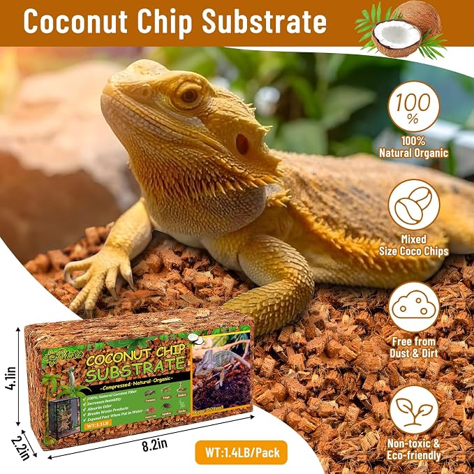 Riare 8 Pack Natural Coconut Chip Substrate for Reptiles- Compressed Coconut Husk Reptiles Bedding, Coco Husk Chip Terrarium Substrate for Snakes, Tortoises, Ball Python, Frogs, Bearded Dragon, Lizard
