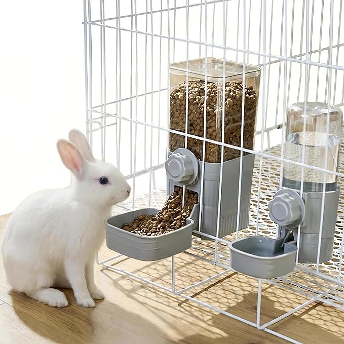 Hanging Automatic Food Water Dispenser,Rabbit Feeder Guinea Pig Water Bottle Food Feeder for Ferret Guinea Pig Rabbit Bunny Cage Accessories (Grey)