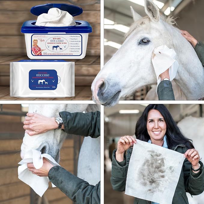 StripHair Horse Dog Grooming Set 2pc - Gentle Groomer 6-in-1 Shedding Coat Shine Massage Tool (original black) and Reusable Coat Care Cloth Wipes (12x12in)