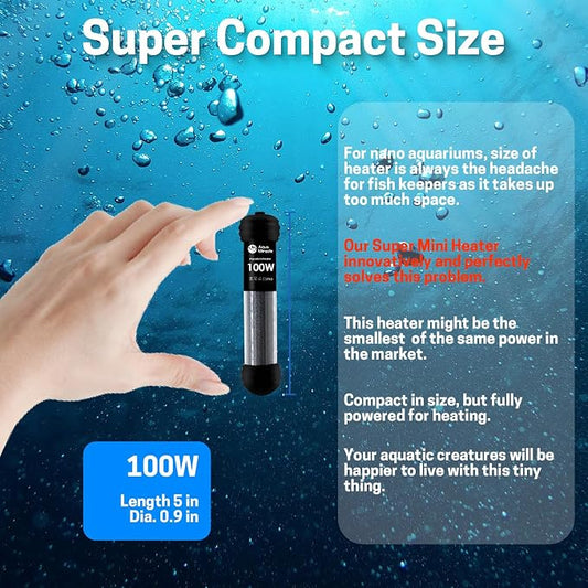 AquaMiracle Upgraded 100W Small Aquarium Heater Fish Tank Heater Turtle Heater Super Mini Aquarium Heater, Dry-Run/Overheating Protection and Memory Function, Dual LED Display, for 10-20 Gal Tanks