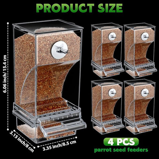 Yaomiao 4 Pcs No Mess Small Bird Feeders Automatic Parakeet Water Dispenser Clear Quail Feeder and Watered Cage Accessories for Small and Medium Parakeet Cockatiel Canary(Seed Feeder,Transparent)