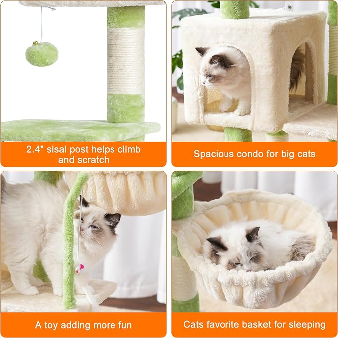 Heybly Cat Tree with Toy, 43.3 inch Cat Tower condo for Indoor Cats, Cat House with Padded Plush Perch, Cozy Hammock and Sisal Scratching Posts, Green and Beige HCT004SGM