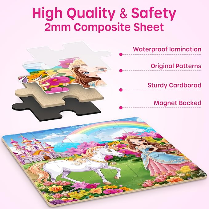 SYNARRY Unicorn Princess Fairy Magnetic Puzzles for Toddlers 3-5 Girls, 20 Pieces Travel Puzzles for Kids Ages 4-6, Easter Basket Stuffers for Kids, Car Airplane Road Trip Activities Magnet Games Toy