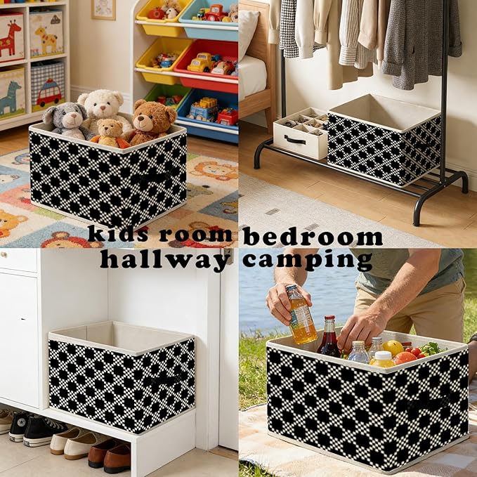 Black and White Plaid Storage Bins, Abstract Mosaic Checkered Foldable Closet Organizers Storage Basket Toybox for Clothes Bed Sheets Blankets Toys