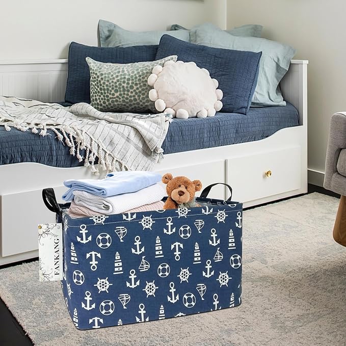 Storage Basket,Nursery Hamper Canvas Laundry Basket Foldable with Waterproof PE Coating Storage, Office, Bedroom, Clothes,Toys (Rec-Sailboat)