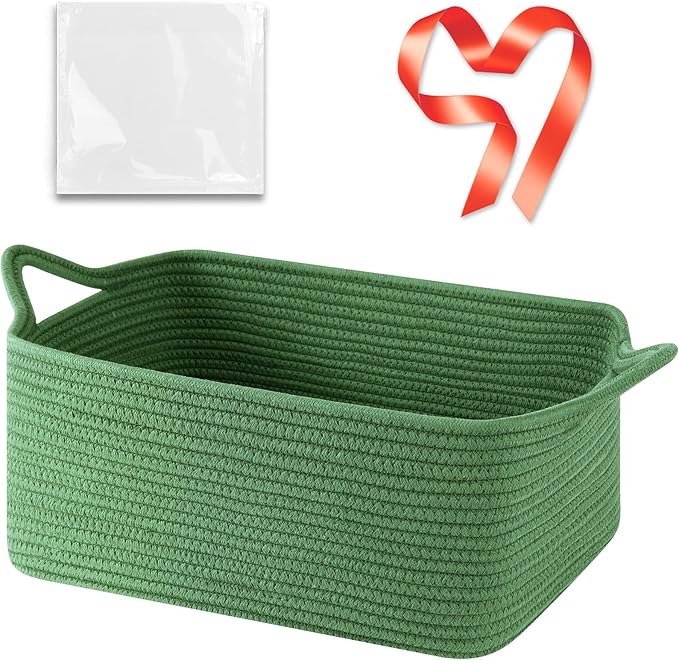 OIASKET Large Empty Gift Baskets for Baby Shower, 16.5" L x 12.6" W x 7" H Cute Woven Storage Basket with Gift Bags and Ribbons, Small Rope Toy Basket with Handles, Cat Dog Pet Toy Organizer - Green