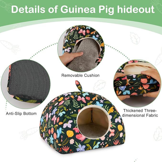 Guinea Pig Hideout, Bienbee Washable Rabbit Bed with Guinea Pig Tunnel, 2 Pack Guinea Pigs Toys Set Bunny Hideout Cage Accessories for Hamster Ferret Rabbits Bunny, Green Flowers