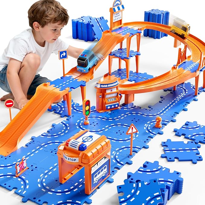 NIPLOOOW Puzzle Race Car Track Set for Kids 3-5, Floor Puzzle Track Car Set, Toddler Toys for 3 4 5 6 Years Old Boys, Toys Gift for Kids Boys Girls Age 3 4 5 6 7 8 Years Old