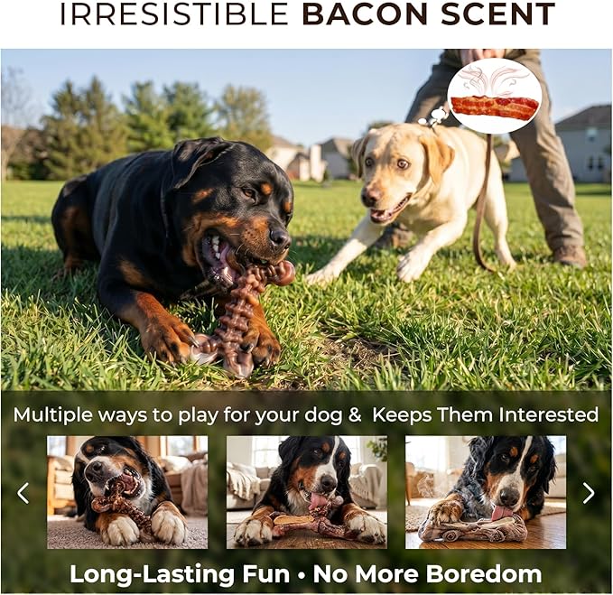 Kseroo Indestructible Dog Chew Toys for Aggressive Chewers: 3-Pack Bacon Flavored Rock-Hard Solid Nylon Dog Bones for Medium & Large Dogs(25-90lbs), Heavy Duty Tough Dog Toys to Keep Them Busy, Brown