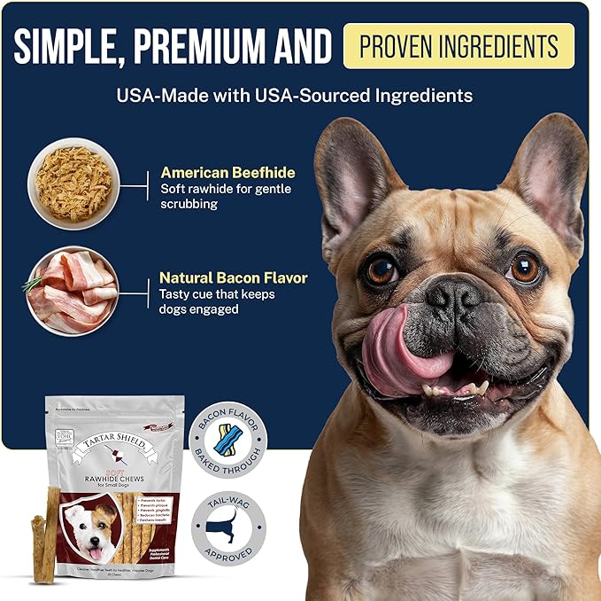 Tartar Shield Soft Rawhide Chews | Safe Dental Treats for Small Dogs | Vet VOHC Approved | Daily Bone Cleans Teeth & Gums Fresh Breath Oral Health Support | USA Made | (Small Dogs / 30 Count)