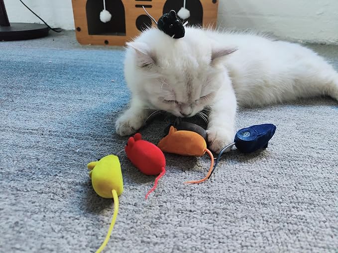 Andiker 6Pcs Cat Mouse Toys, 6 Colors Flocking Squeaking Small Soft Kitten Mice Toys Catch and Fetch Interactive Cat Toys for Indoor Cats and Kitten