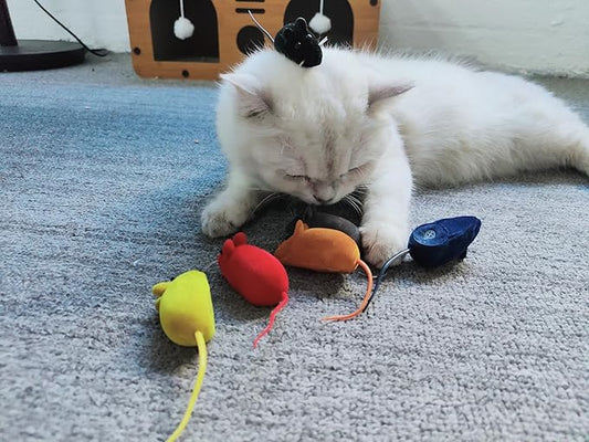 Andiker 6Pcs Cat Mouse Toys, 6 Colors Flocking Squeaking Small Soft Kitten Mice Toys Catch and Fetch Interactive Cat Toys for Indoor Cats and Kitten