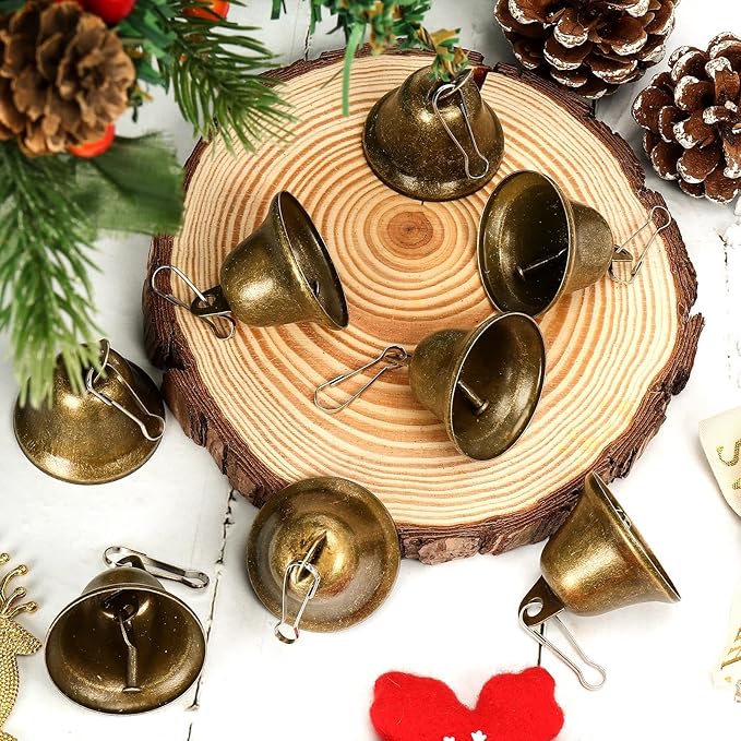 Craft Bells, 24 PCS Bronze Jingle Vintage Bells (1.7" X 1.5") with Spring Hooks, Small Brass Bell for Dog Potty Training Doorbell Wedding Decor DIY Favor Crafts Christmas Tree