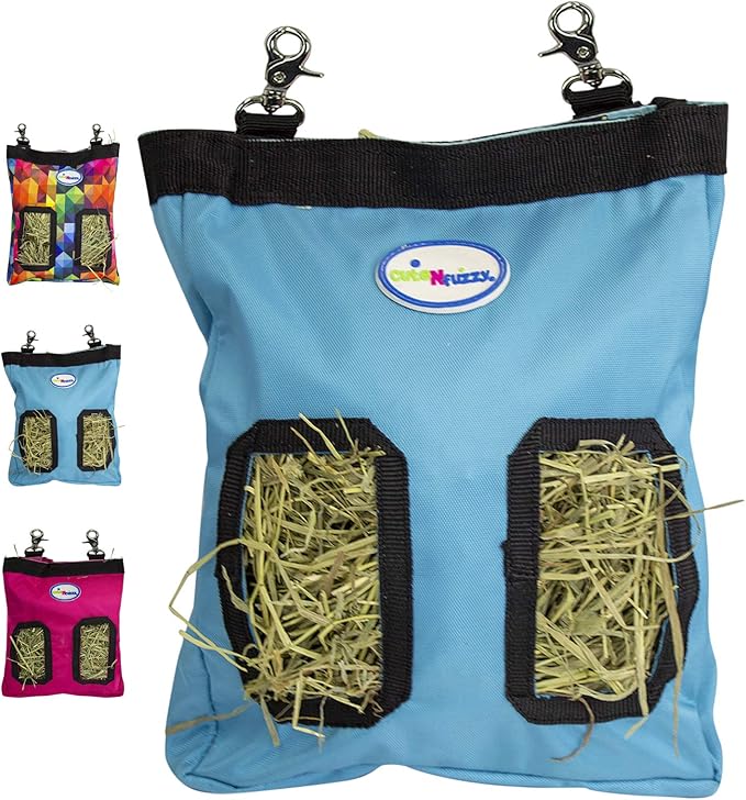 2-Opening Hay Bag for Rabbits, Guinea Pigs & Chinchillas, Compact Hanging Hay Feeder, 9" x 11" x 1.5", Helps Reduce Hay Waste & Cage Mess, 6-Month Warranty (Hurricane Blue, 9" x 11" x 1.5")