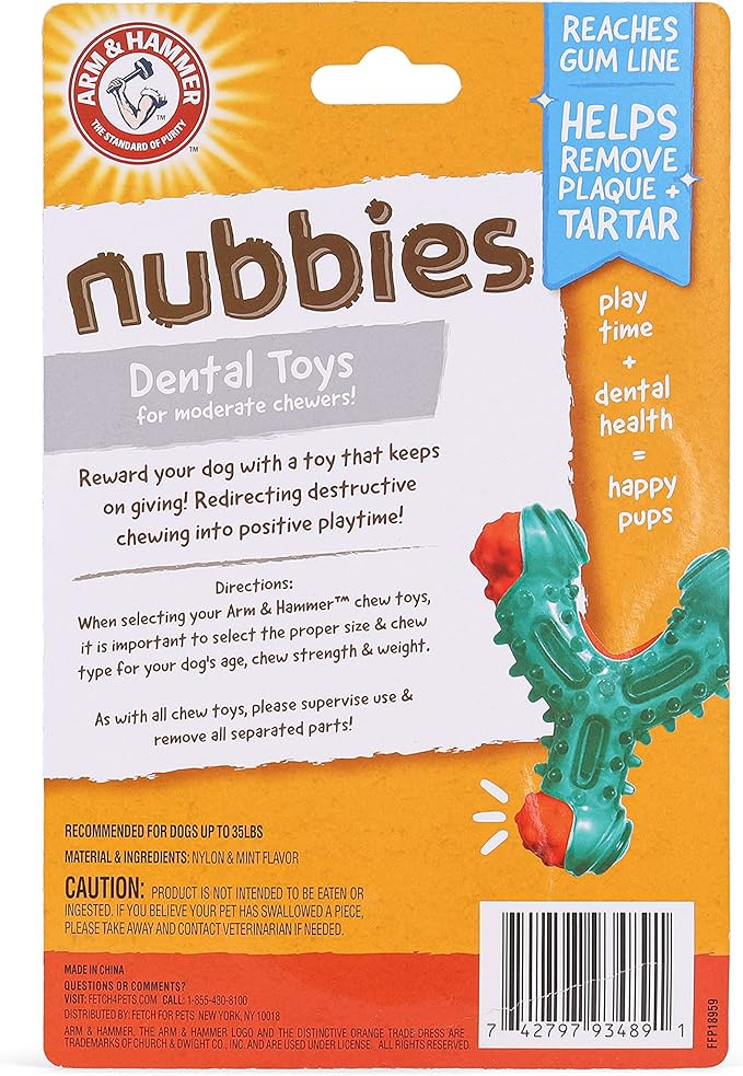 Arm & Hammer Nubbies Wishbone Dog Dental Chew Toy for Dogs, Moderate Chewers, Chicken Flavor, Nylon and TPR, Baking Soda Infused, Reduces Plaque and Tartar, No Stuffing - 24 Pack