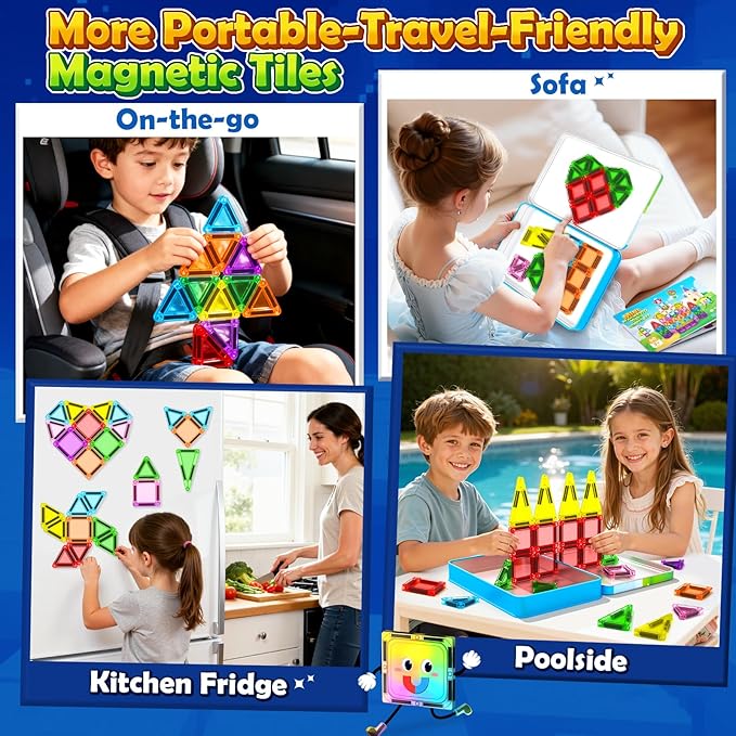 Soyee Mini Travel Magnetic Tiles 60PCS with Metal Tin Case Toddler Kids Toys Travel Essentials, Toddler Travel Toys Portable STEM Building Blocks Compatibility with Regular Size Magnetic Tiles