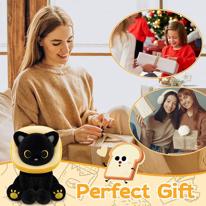 Black Cat Plush - 8inches Cat Stuffed Animal with Removable Toast Bread Hood, Cute Plushie Soft Kitten Doll Toy for Kids Boys Girls, Birthday Gifts