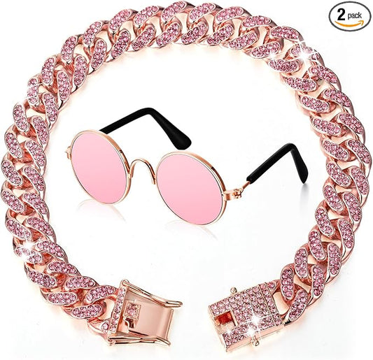 Xuniea 2 Pieces Cat Dog Chain Collar and Sunglasses Set Rhinestone Necklace with Secure Buckle Round Glasses for Doll Cat Dog Pet Accessories(12 Inch,Rose Gold, Pink)