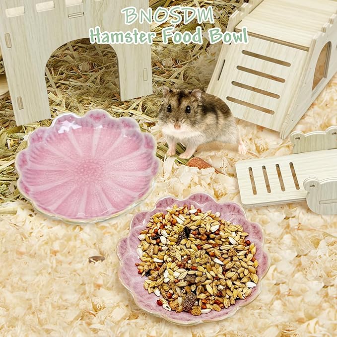 BNOSDM Shallow Ceramic Hamster Food Dish 2 Pcs Small Animals Food Bowl Sunflower Feeding Dishes for Gerbils Mice Rats 4.5in (Pink)