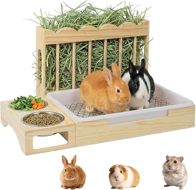 3-in-1 Wooden Rabbit Hay Feeder with Litter Box for Rabbits & Small Pets | Sturdy Wooden Hay Feeder Set for Guinea Pigs, Chinchillas, Hamsters, Ferret and Other Small Animal