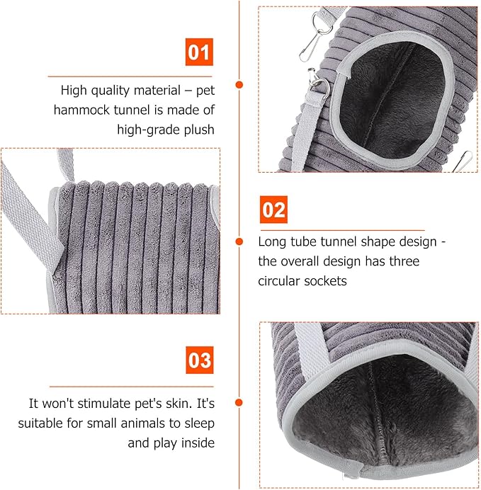 STOBAZA Small Animal Hammock and Tunnel Hanging Bed, Gray Fleece Pet Ferret Nest and Hamster Sleeping Accessory for Cage Habitat