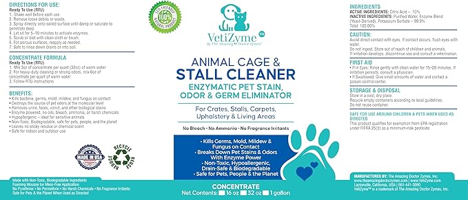 VetiZyme Animal Cage & Stall Cleaner – Natural Enzyme Cleaner & Odor Eliminator – Sanitizes, Disinfects & Remove Germs, Bacteria, Mold & Mildew – Non Toxic, Safe for Pets, Livestock & Facilities
