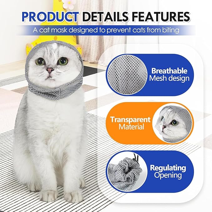 Cat Muzzle Adjustable Anti-Bite Head Cover - Breathable Grooming Mask for Nail Trimming, Bathing & Vet Injections, Safe Fit for Cats (S)