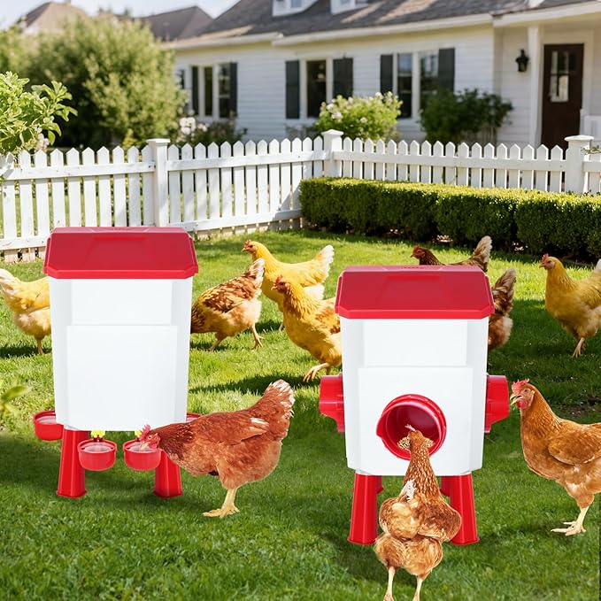 Chicken Feeder and Waterer Set 3 Gallon/26.4 Pounds, Automatic Chick Feeder and Waterer Set No Waste, Poultry Feeder Large for Hens/Ducks/Poultry