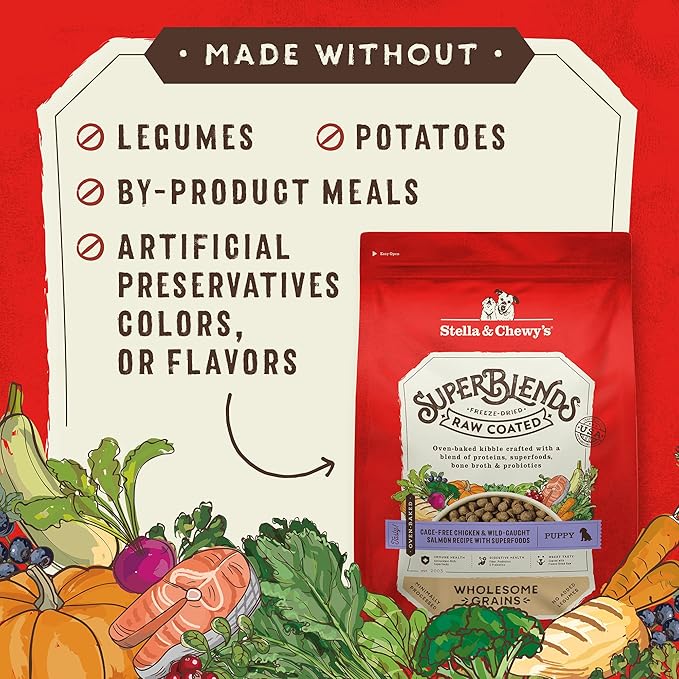 Stella & Chewy's SuperBlends Raw Coated Wholesome Grains Puppy Cage-Free Chicken & Wild-Caught Salmon Recipe with Superfoods, 21 lb. Bag