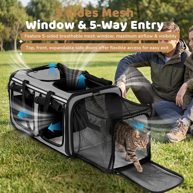 Expandable Extra Large Cat Carrier for 2 Cats, Double Cat Travel Carrier Bag with Litter Box, Foldable Breathable Soft Sided Pet Dog Carrier with Divider for Car Travel, Outdoor & Vet Visit