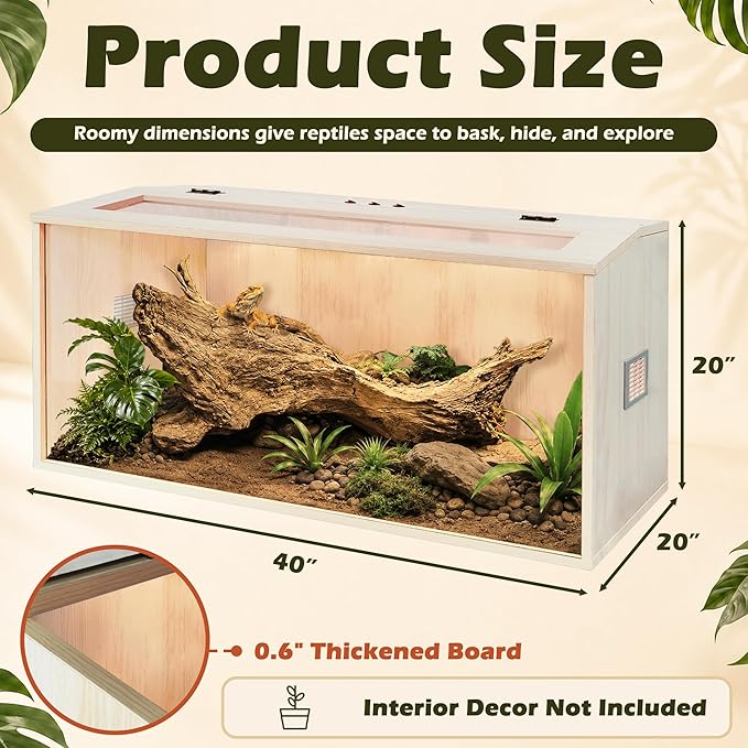 PROLEE Bearded Dragon Tank,Wooden Reptile Tank and Lizard Tank,Tempered Glass Large Bearded Dragon Enclosure with Built-in Lamp Fixture (40X20X20inch,65 Gallons)