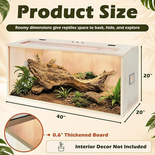 PROLEE Bearded Dragon Tank,Wooden Reptile Tank and Lizard Tank,Tempered Glass Large Bearded Dragon Enclosure with Built-in Lamp Fixture (40X20X20inch,65 Gallons)