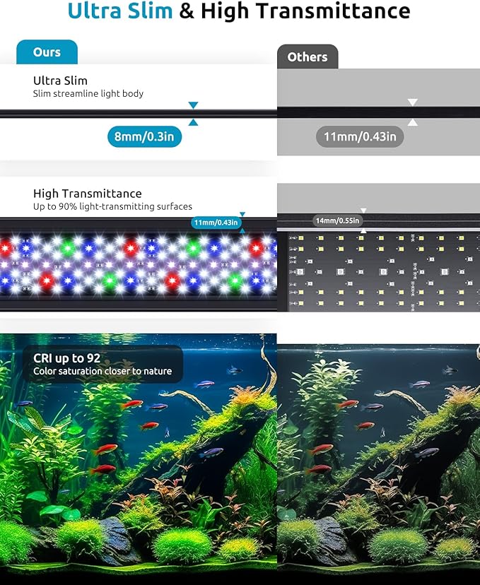 SEAOURA Full Spectrum Aquarium Light, 24/7 Custom Timer, Power-Off Memory, 36-42in 7-Row LED Fish Tank Lights, 8 Colors, 20 Brightness, Day & Night Cycle, Adjustable Mount for Freshwater Plant Growth