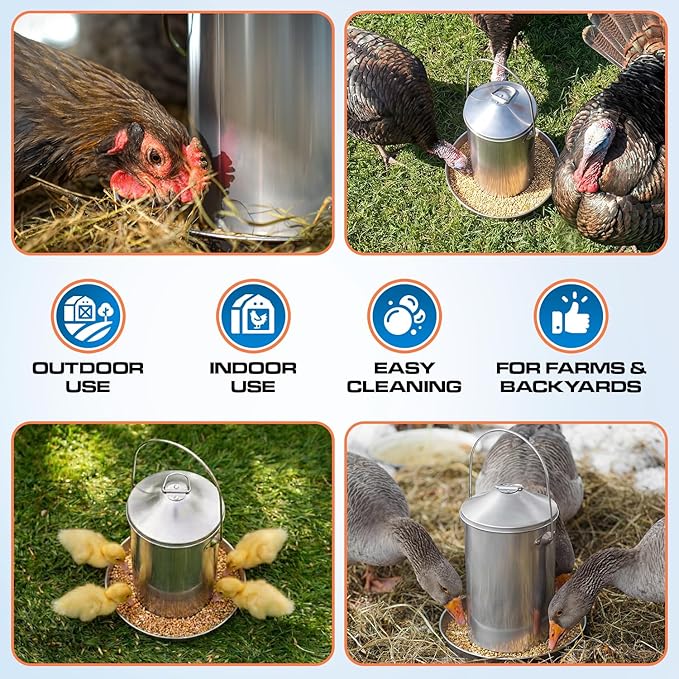 Plexon 6.6 Lb Hanging Chicken Feeder No Waste – Stainless Steel Poultry Feeder with Handle, Heavy Duty Metal Feeder for Chickens Ducks Turkeys, Backyard Coop