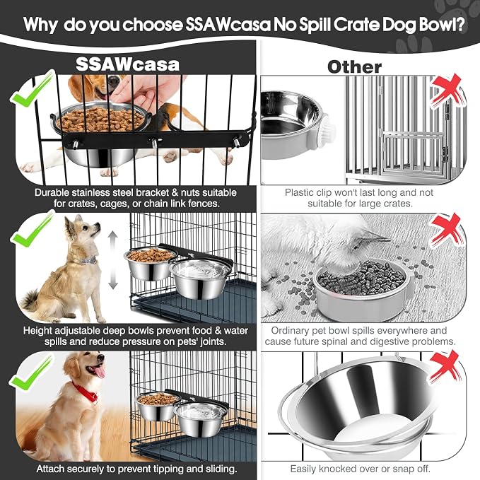 Dog Crate Water Bowl No Spill, 2 Pack Pet Stainless Steel Kennel Food Bowls | Hanging Non-tipped Design, Holds 27oz/Bowl, Promotes Elevated Feeding, for Kennel & Cage, Durable Metal Construction