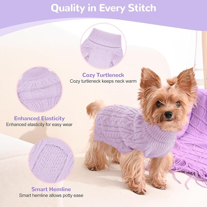 Dog Sweater 2 Pack for Small Dogs, Size XS, Pink & Purple | Stretchy cable knit turtleneck, machine washable, high belly cut, comfy winter fit for Chihuahua, Yorkie