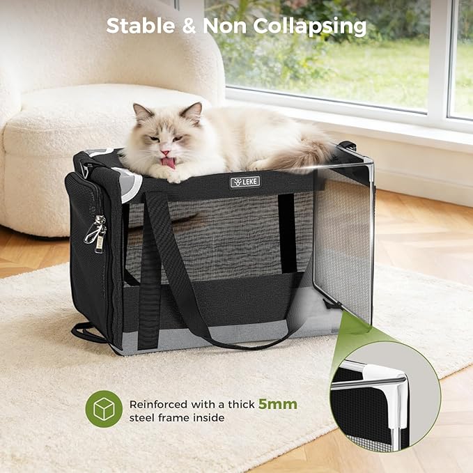 Lekereise Cat Carrier Stable, Pet Carrier with Sturdy Steel Frame, Safe Dog Carriers for Car Travel, Soft-Sided Small Medium Dogs/Cats Carrying Bag for Pets Up to 15lbs