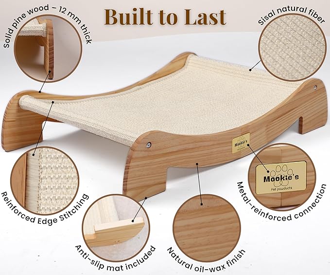 Mookie’s Extra Wide Cat Scratcher Bed, 26.5” x 16.7” – Stable Wooden Cat Scratcher Lounge with Natural Sisal, Solid Wood Horizontal Scratching Bed for Large Indoor Cats | Furniture for Cats