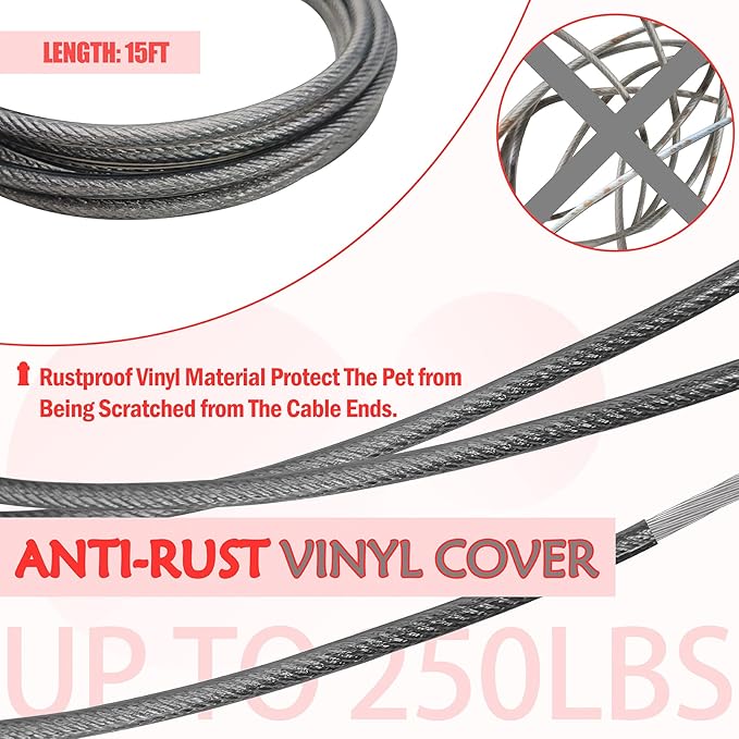 Petest Reflective Tie Out Cable with Crimp Cover for Super Dogs Up to 250 Pounds, 15 Feet