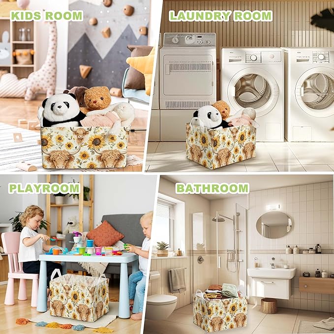 Sunflower Highland Cow Storage Basket, Highland Cow Nursery Decor, Closet Shelf Organizer Baskets for Nursery Decor, Bathroom, Bedroom, Large Squarecanvas Laundry Hamper With Foldable