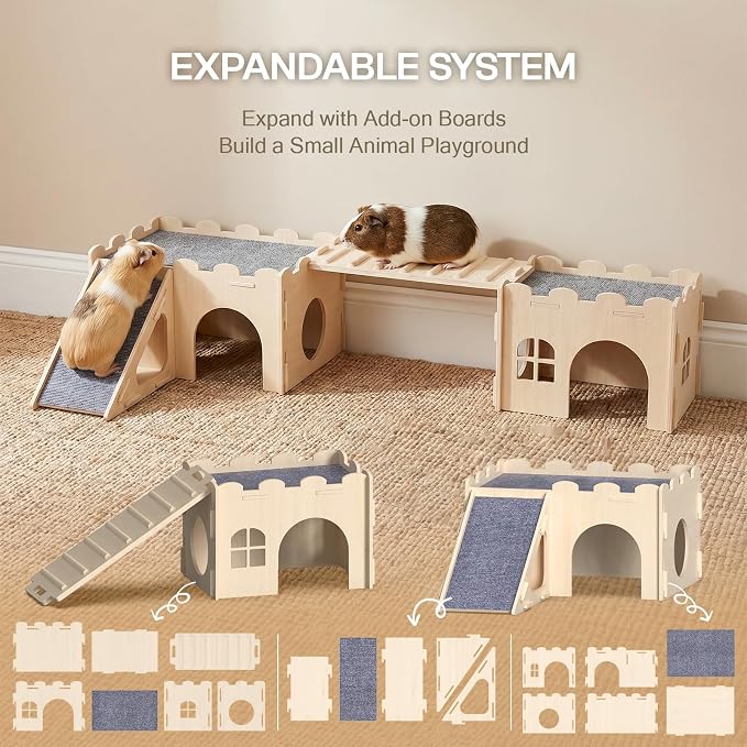 Guinea Pig Hideout Wooden House with Ramp, Small Animal Castle with Multiple Entrances and Built-in Hay Nook, for Guinea Pig, Chinchilla