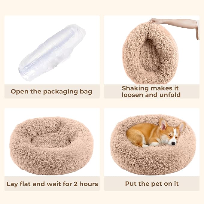 Calming Donut Dog and Cat Bed for Indoor Cats, Anti-Anxiety Round Fluffy Soft Washable Small Medium Pet Bed for Puppy & Kitten, Warming Comfortable Luxury Anti-Slip Waterproof Mute Base 24in (Camel)